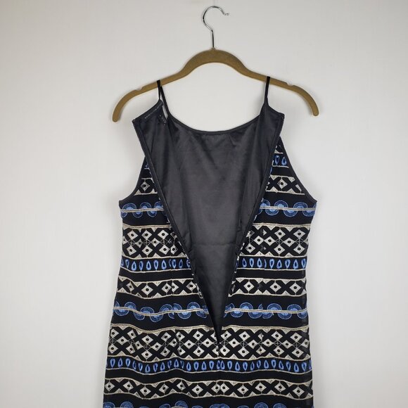 White House Black Market Embroidered Dress Blue Black Stripe Halter Sheath 8 - Picture 6 of 9